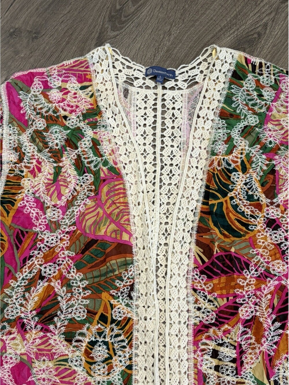 Democracy Embroidered L Crochet Trim Topper Kimono Cardigan Tropical Floral Boho